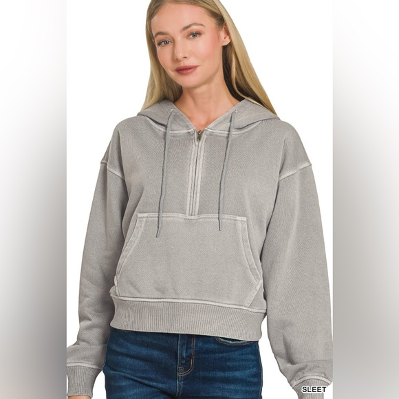 Zenana Outfitters Tops - Zenana Fleece Pigment Dye Half Zip Kangaroo Pocket Hoodie